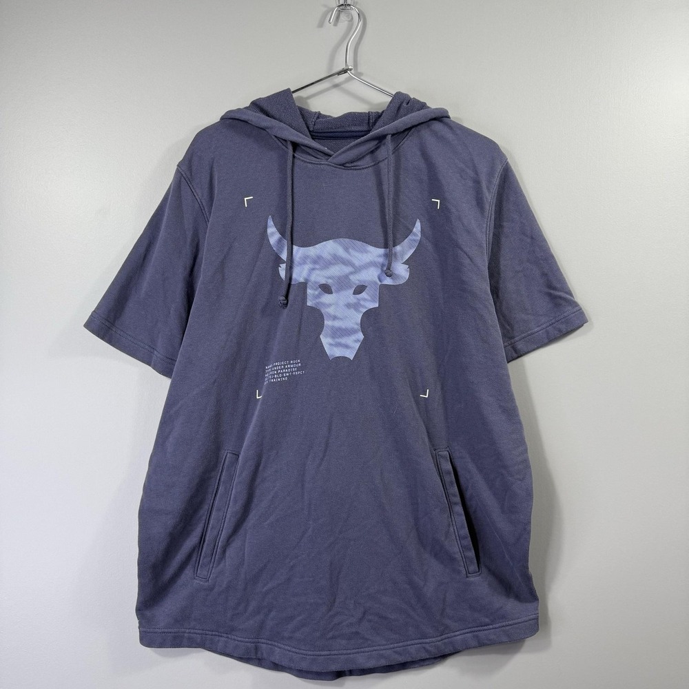 Under Armour Project Rock Hoodie Mens Large Blue Short Sleeve Fleece Pullover